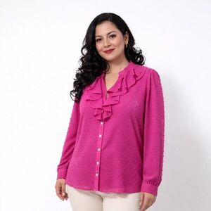 J.Crew Pink Swiss Dot Ruffle Blouse Size Large Feminine Button Front Top